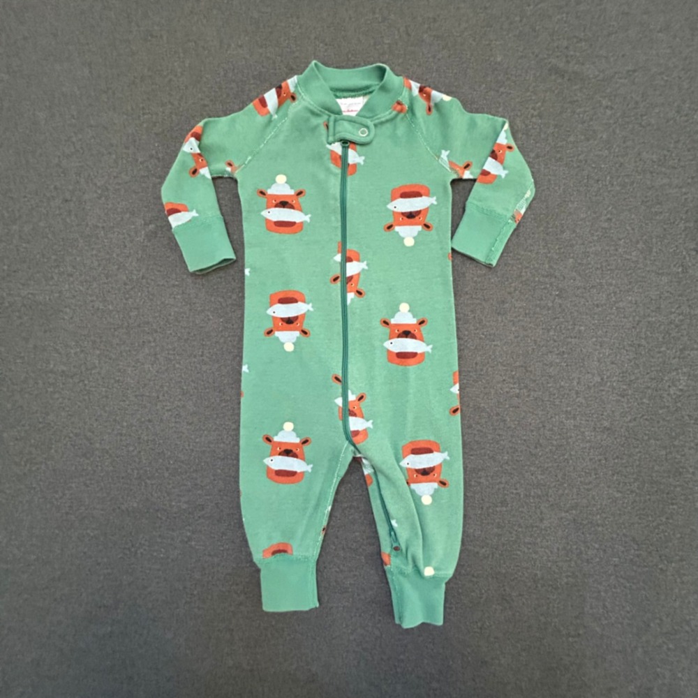 Hanna Andersson Baby 6-12M Green Bear Fish Organic Cotton Zip Sleeper
